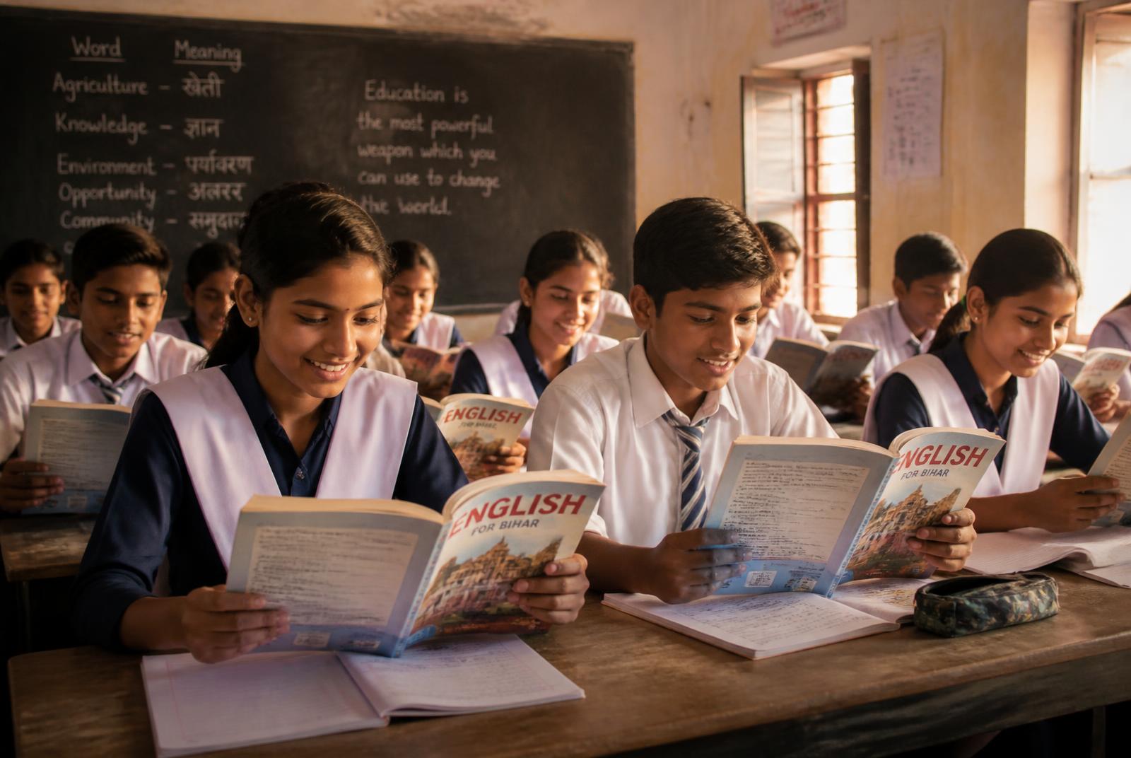 Bihar Board students studying English together in a bright classroom